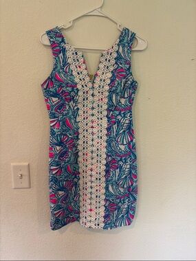 Lilly Pulitzer Blue & Pink Printed Shift Dress with Crochet Panel